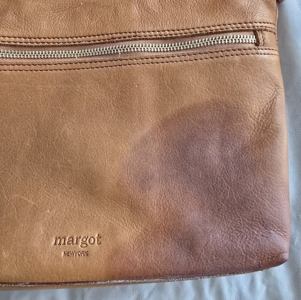 Margot New York Mary Scoop Double Zipper Cognac Brown Leather Shoulder Bag - Picture 9 of 10